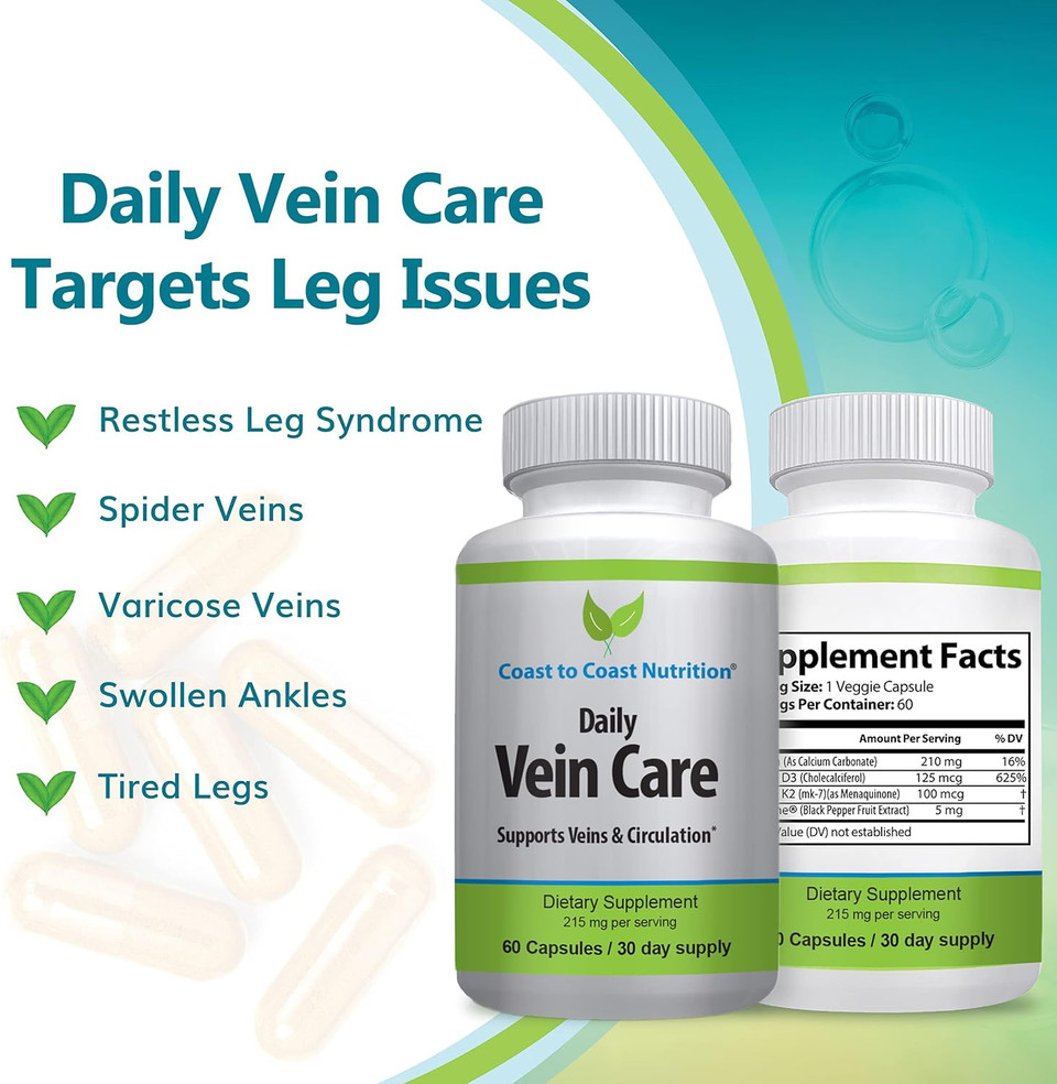 Daily Vein Care Supplement Capsules  Circulation Formula With A Natural Blend Of Calcium, Vitamin D3, Vitamin K2 Plus Bioperine For Max Absorption Vein Formula  60 Capsules