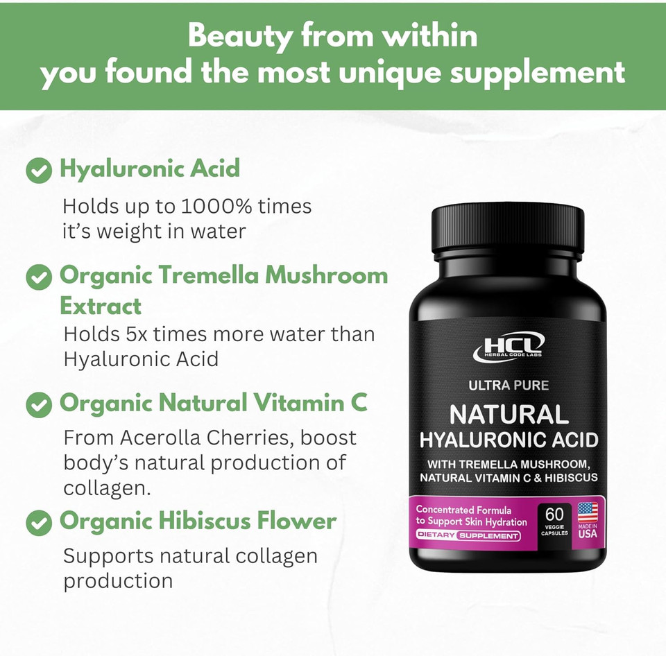 Natural Hyaluronic Acid Supplement 5X Stronger Hydration Pills From Pure Tremella Mushroom With Vitamin C & Hibiscus - Skin Supplement Anti Wrinkle Dietary Capsules - Hair Nails Vitamins