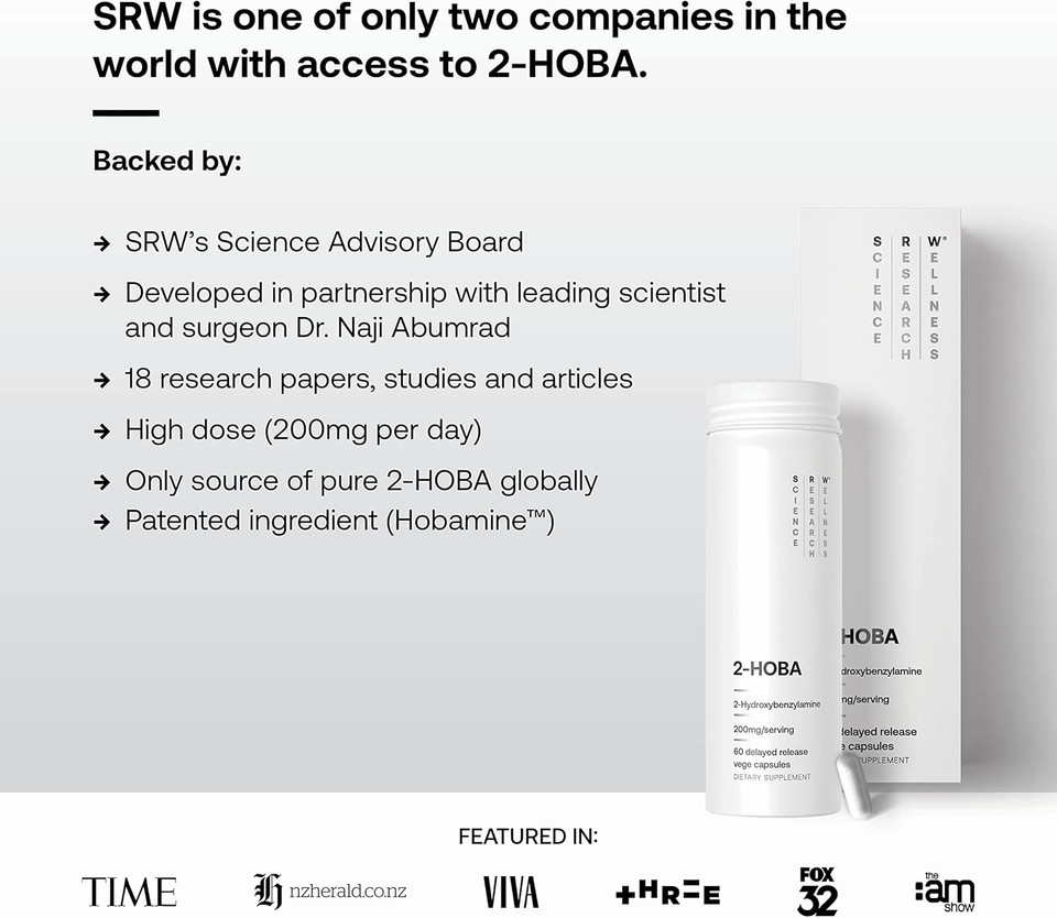 Srw Laboratories 2-Hoba Supplement With Hobamine | Supports Healthy Aging, Brain Function, Dna Integrity, & Cellular Defence | Protection From Harmful Free Radicals | 60 Capsules