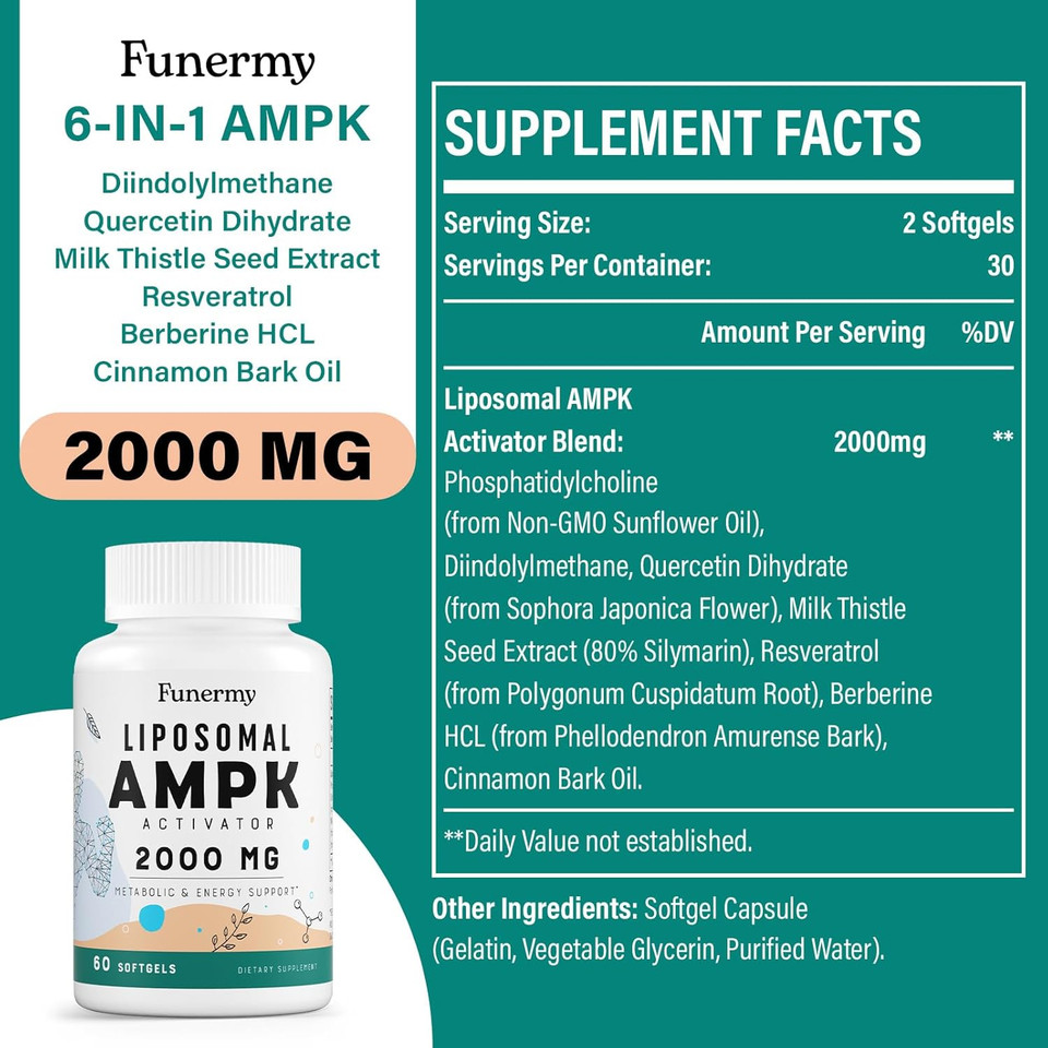Liposomal Ampk Activator 2000 Mg - High Bioavailability Berberine Hcl,Dim,Milk Thistle,And Cinnamon Bark Capsule 6-In-1 Ampk Supplements For Antioxidant Support And Cellular Regulation, 60 Softgels