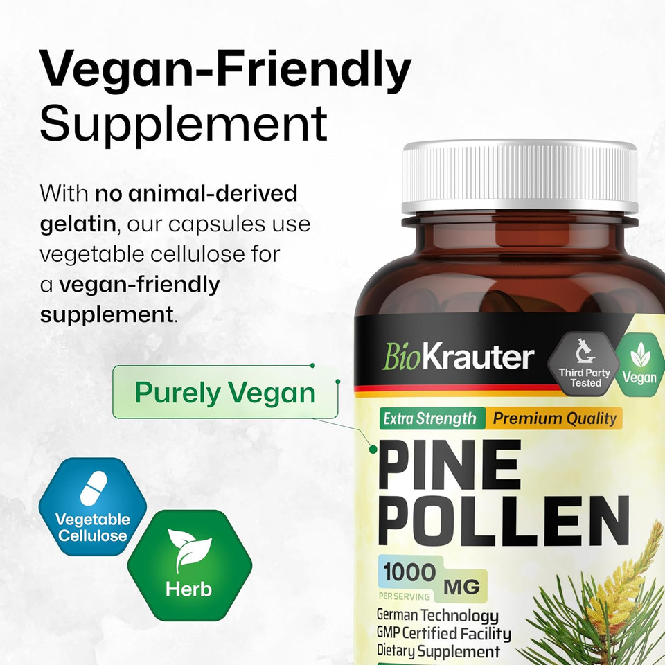 Bio Krauter Pine Pollen Powder Capsules 1000 Mg - 100 Pine Pollen Capsules For Men And Women Support - Herbal Supplement For Immune Support