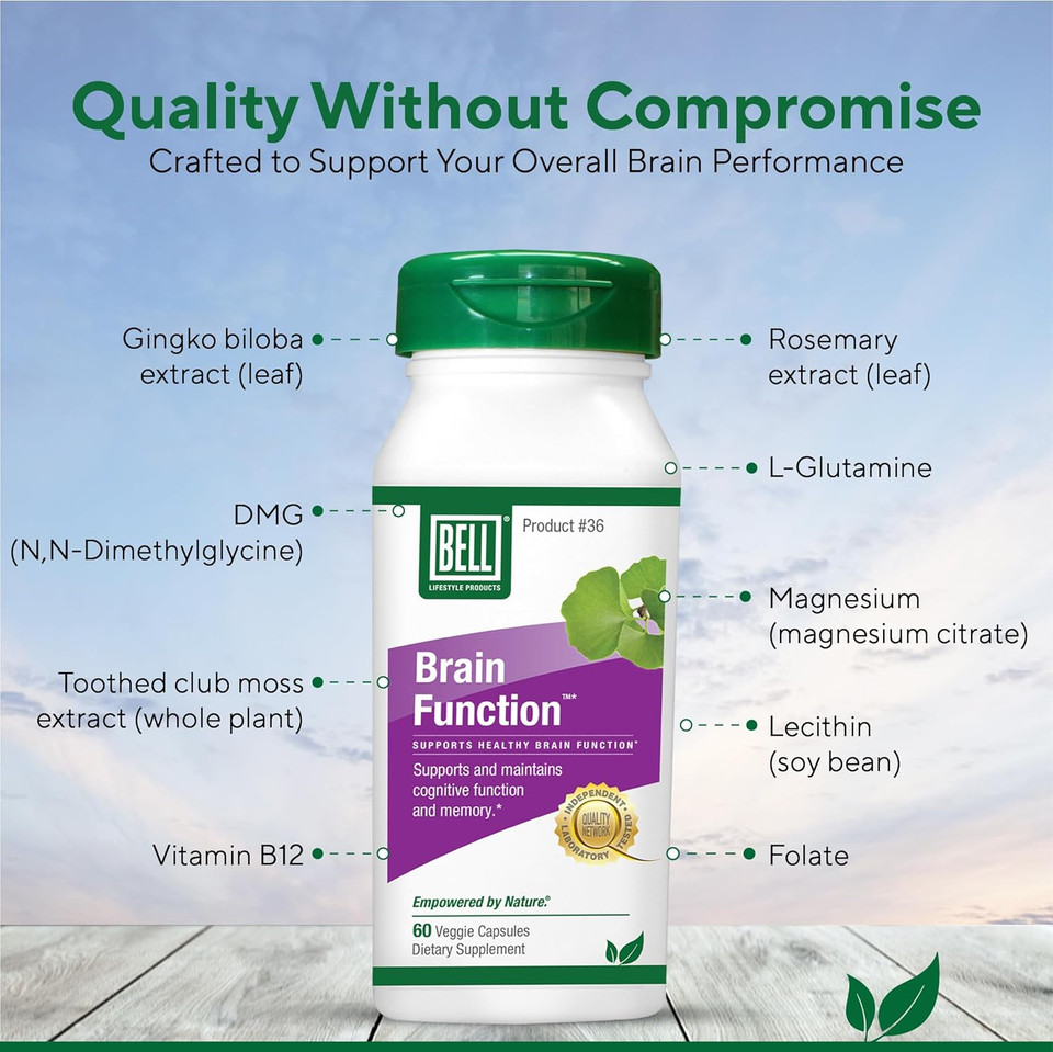Bell Brain Function Lifestyle, Supports Cognitive Health With Ginkgo, Vitamin B12, Folate - 60 Vegetarian Capsules