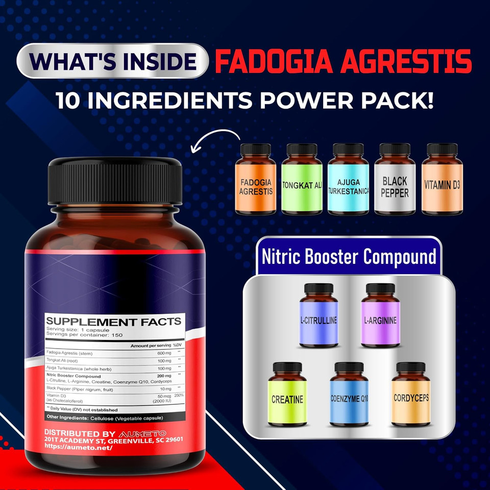 Fadogia Agrestis Supplement With Turkesterone Tongkat Ali Maca Root Panax Ginseng Vit D3 - Male Energy, Strength And Memory Support