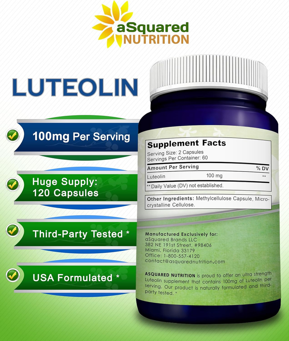 Luteolin 100Mg - 120 Capsules - Luteolin Supplement & Powder Complex Pills Commonly Taken With Quercetin - Supports Brain & Memory Health