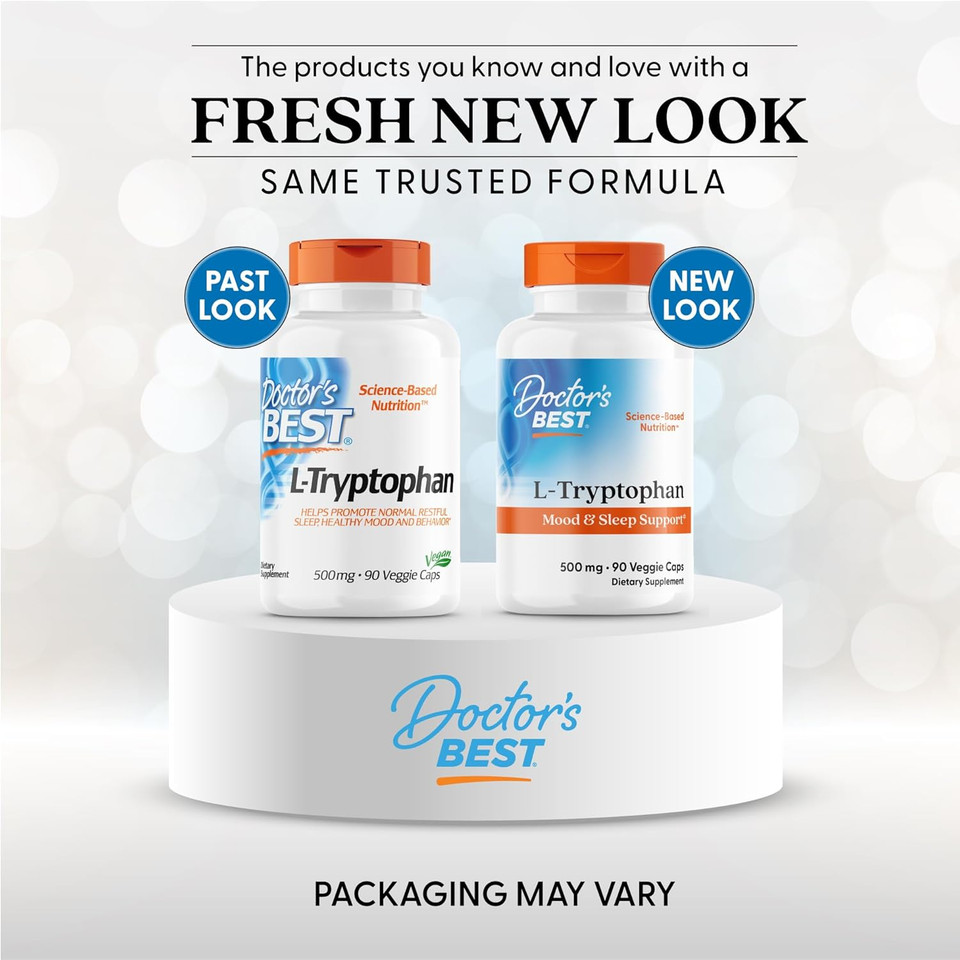 Doctor'S Best L-Tryptophan , Helps Sleep, Healthy Mood & Behavior, Non-Gmo, Vegan, Gluten & Soy Free, Veggie Caps, Promotes Normal, Healthy Restful Sleep, 90 Count