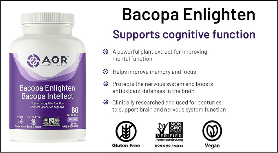 Aor, Bacopa Enlighten, Ayurvedic Bacopa Monnieri Supplement, 300 Mg, Vegan, 60 Capsules (60 Servings)