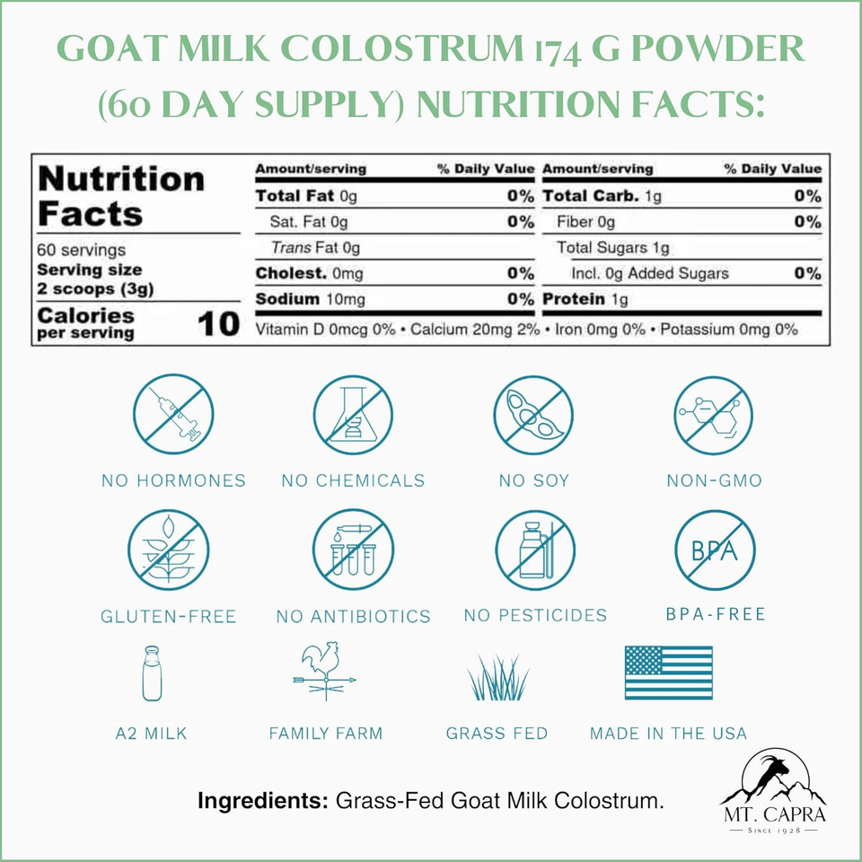 Mt. Capra Goat Milk Colostrum | For Healthy Immune System, Gut, And Athletic Performance | Grass-Fed, High In Immunoglobulins | 17 Servings - 50 Grams