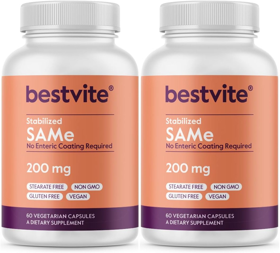 Bestvite Sam-E 200Mg Stabilized (120 Vegetarian Capsules) (60 X 2) - Easy To Swallow Capsule Form - No Enteric Coat Needed - No Stearates - No Fillers - Vegan - Non Gmo - Gluten Free