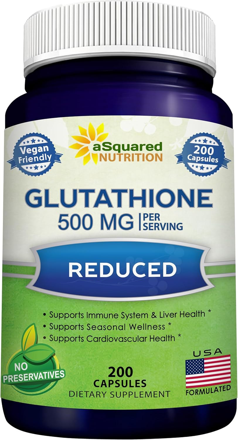 Asquared Nutrition Reduced Glutathione 500Mg Per Serving Supplement -200 Capsules -L-Glutathione Antioxidant To Support Liver Health & Detox - Max Strength Powder Pills To Help Immune & Brain Function