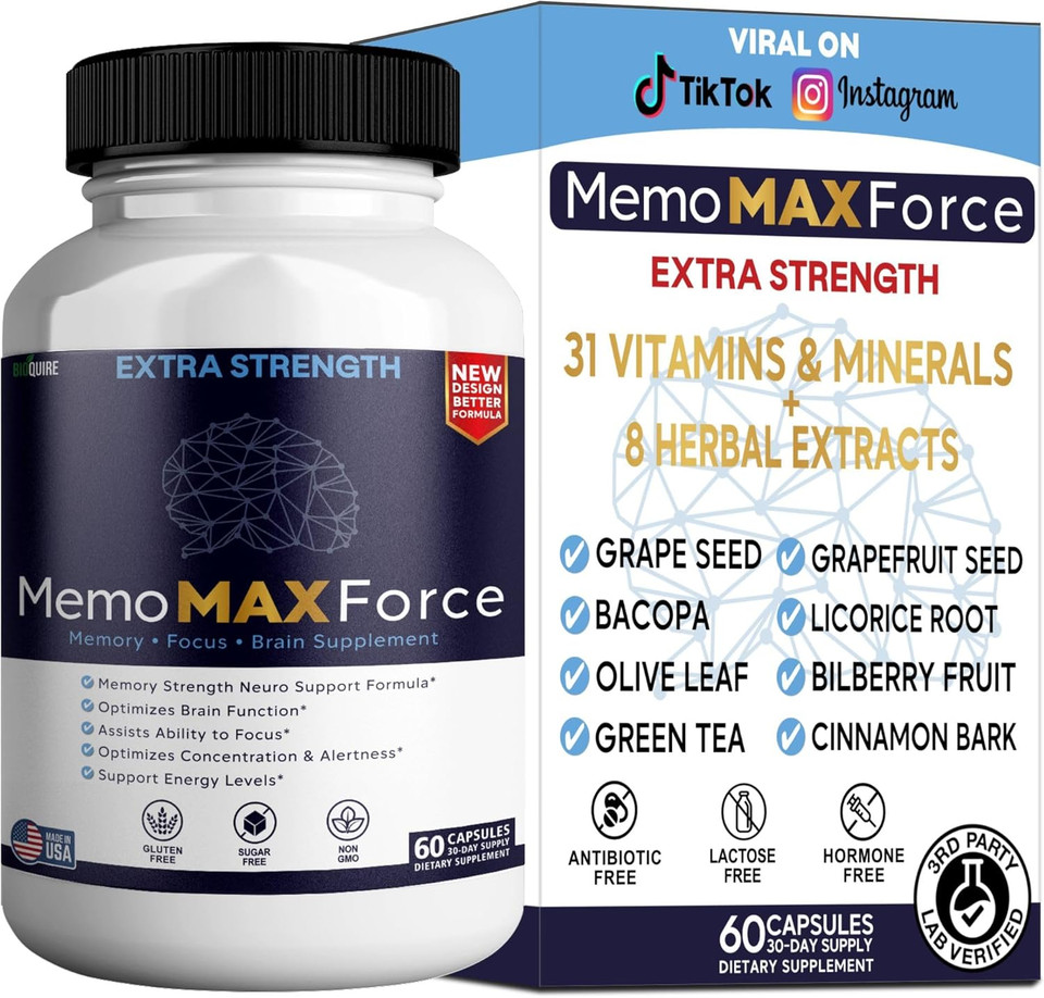 Memomax Force Extra Strength Brain Supplement, 60 Capsules, Memory Focus Support With Vitamins And Minerals (2)