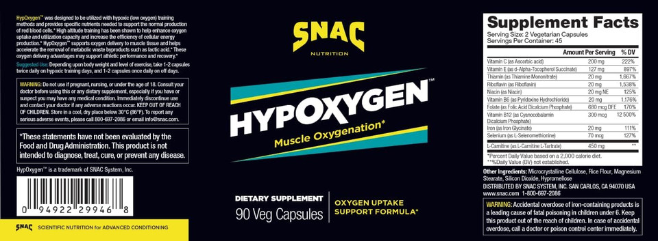Snac Hypoxygen - Muscle Oxygenation Performance & Endurance Supplement, Improves The BodyS Vo2 Max & Assists With Recovery From High-Repetition Exercise, 90 Veggie Capsules (45 Servings)