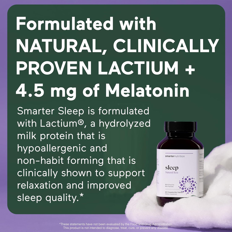 Smarternutrition Smarter Sleep Melatonin Dissolvable Tablets 4.5 Mg + Natural Clinically Proven Lactium® For Sleep & Stress Support - Mint Flavor Melatonin Tablets - Non-Gmo-60 Count[30-Day Supply]