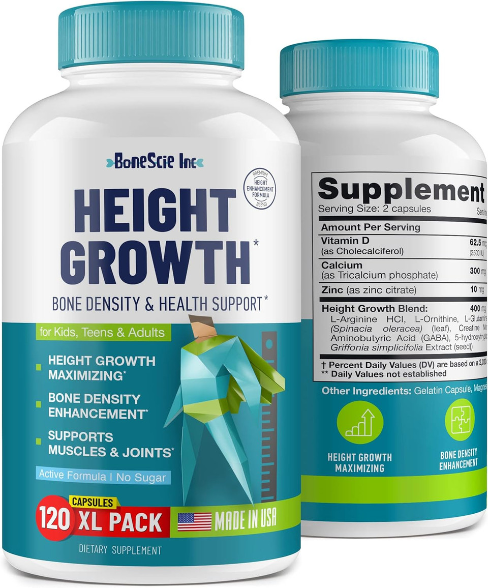 Height Growth Maximizer - Made In Usa - Natural Height Increase Booster & Bone Growth Pills - Grow Taller Supplement For Adults, Teens & Kids - Vitamins For Boys & Girls To Get Taller - 120 Capsules