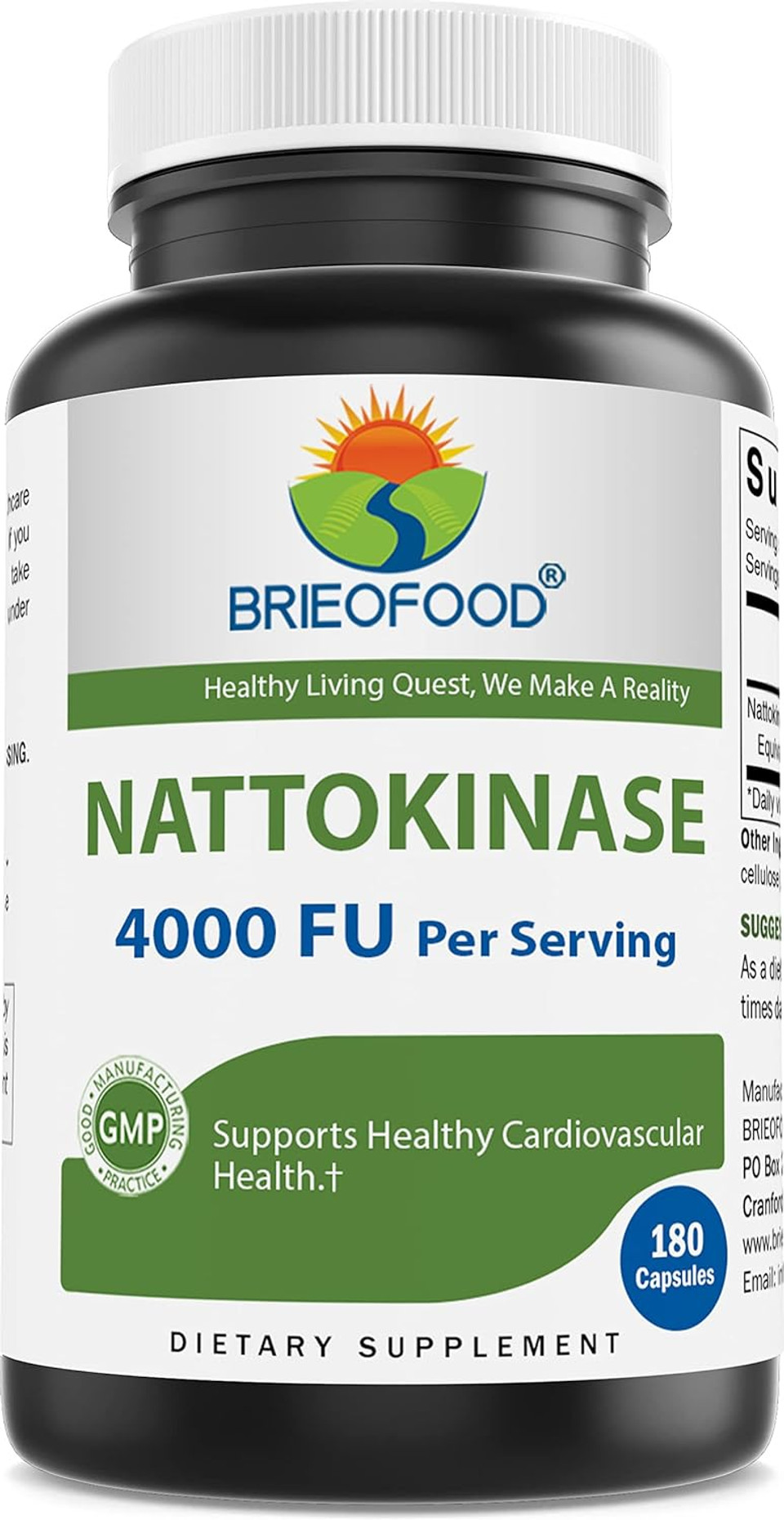 Brieofood Nattokinase 4000 Fu (Fibrinolytic Unit) Per Serving - 180 Capsules - Circulatory Health Support