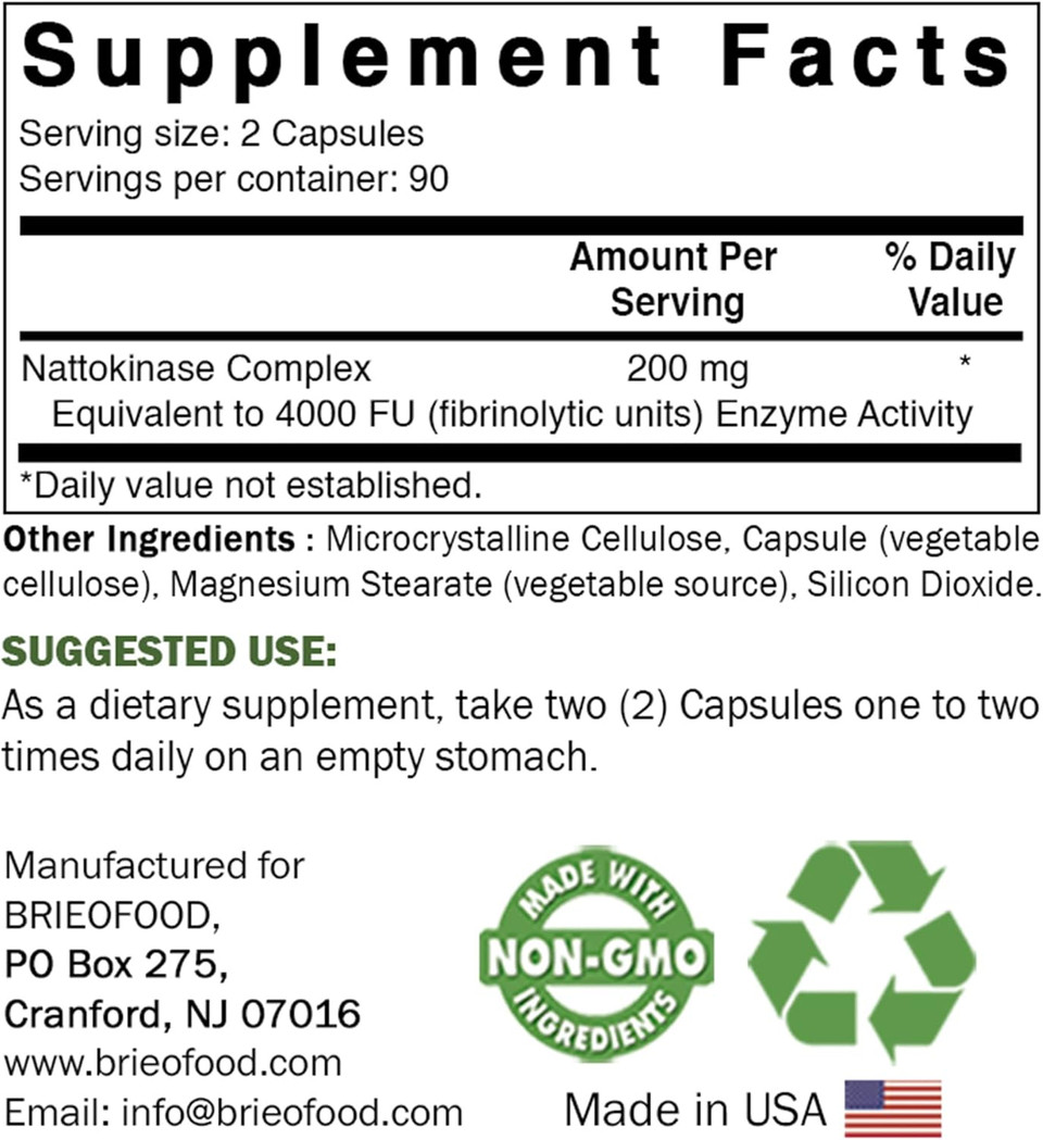 Brieofood Nattokinase 4000 Fu (Fibrinolytic Unit) Per Serving - 180 Capsules - Circulatory Health Support