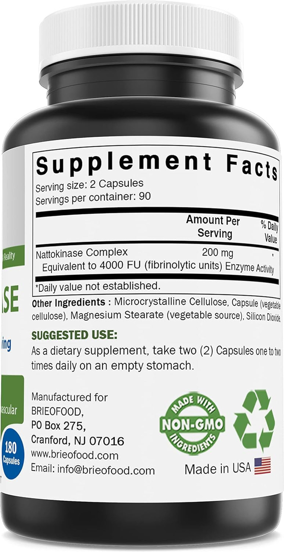 Brieofood Nattokinase 4000 Fu (Fibrinolytic Unit) Per Serving - 180 Capsules - Circulatory Health Support
