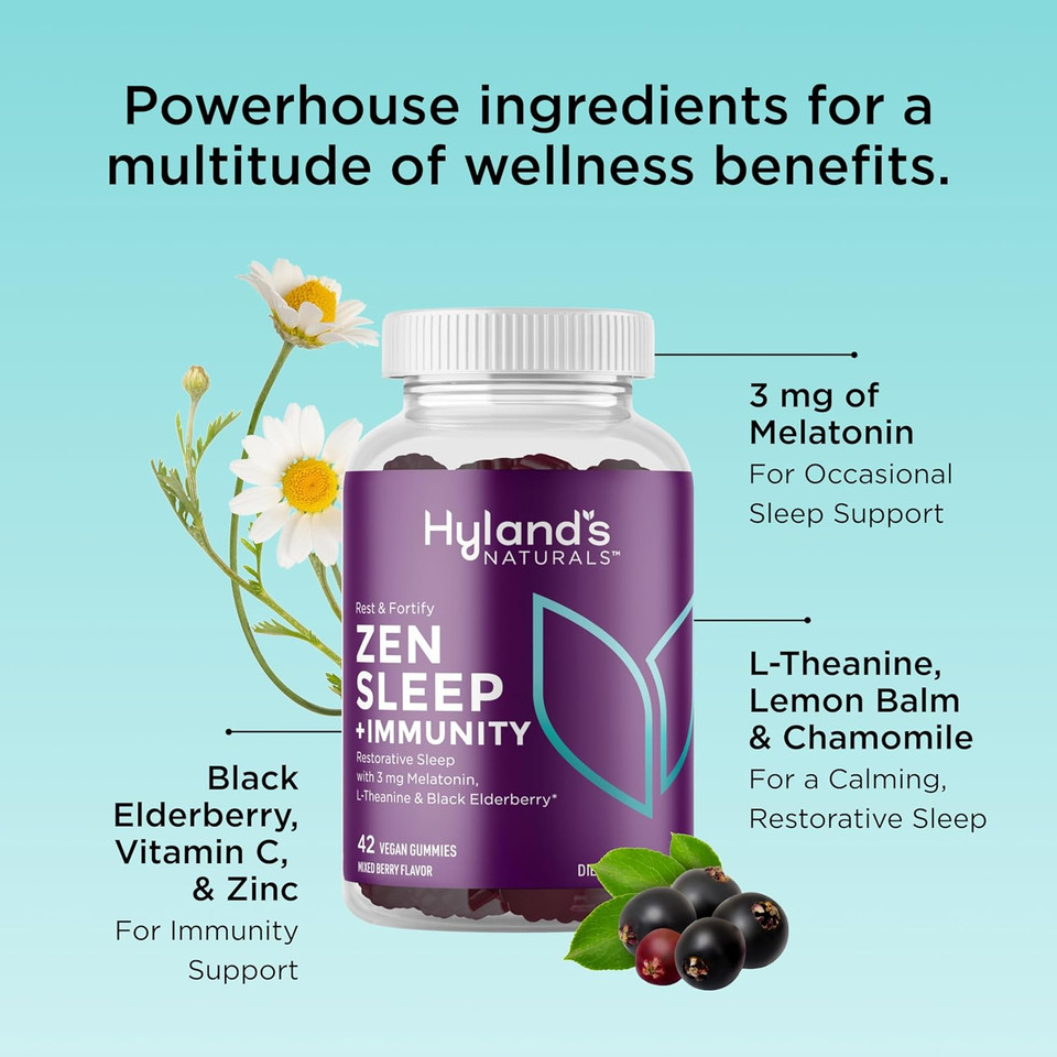 Hyland'S Rest And Fortify Zen Sleep Aid And Immune Support, 42 Vegan Gummies, With Melatonin And L-Theanine For Sleep Support And Organic Black Elderberry, Vitamin C And Zinc