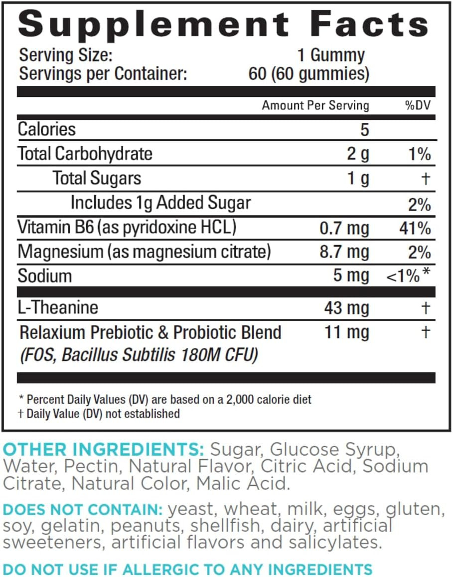 Relaxium Calm Gummy, Developed In The U.S.A., With Vitamin B6, Magnesium, And L-Theanine, One Gummy Per Serving, 60 Gummies