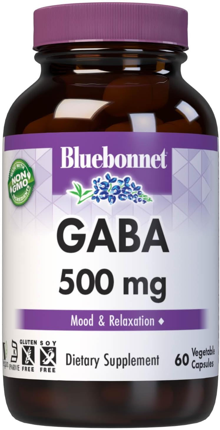 Bluebonnet Nutrition Gaba 500Mg, For Stress Relief*, Supports Relaxation*, Kosher, Vegan, Gluten-Free, Soy-Free, Non-Gmo, 60 Vegetable Capsules, 60 Servings