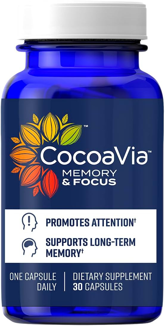 Cocoavia Memory & Focus Brain Supplement, 90 Day, Cocoa Flavanol Blend, Lutein, Added Caffeine For Boost. Improve Cognitive Function, Attention, Vegan & Plant Based, 90 Capsules