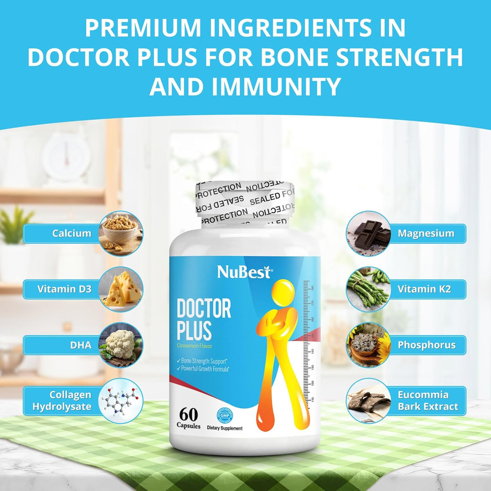Nubest Doctor Plus - Bone Strength Supplement For Increased Development, Brain Growth, Boost Immunity With Calcium, Vitamin D3, K2, And Herbs For Age 10+ | 60 Capsules | 1 Month Supply