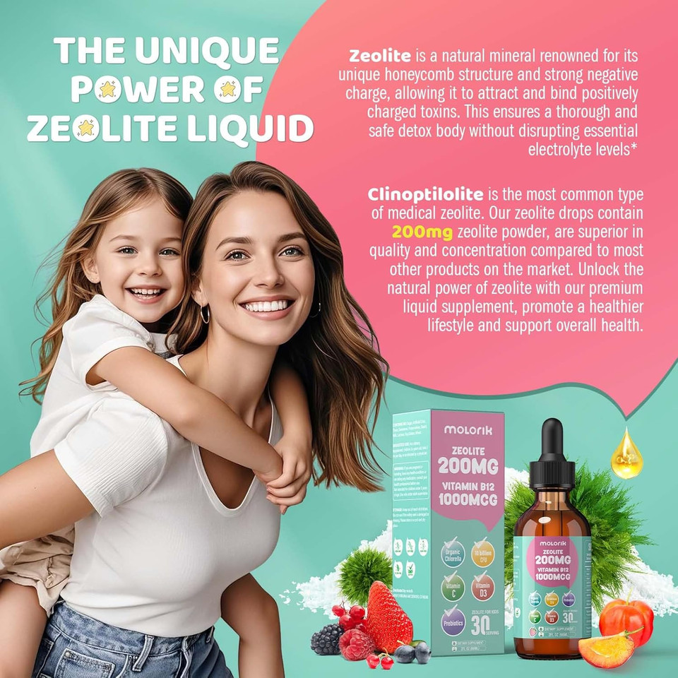 Zeolite Detox For Kids, 200Mg Zeolite Liquid Drops With 1000Mcg Vitamin B12, 250Mg Organic Chlorella, 10 Billion Cfu And Prebiotics For Gut Support & Speech, Immune, Bone, Energy, Strawberry, 60Ml