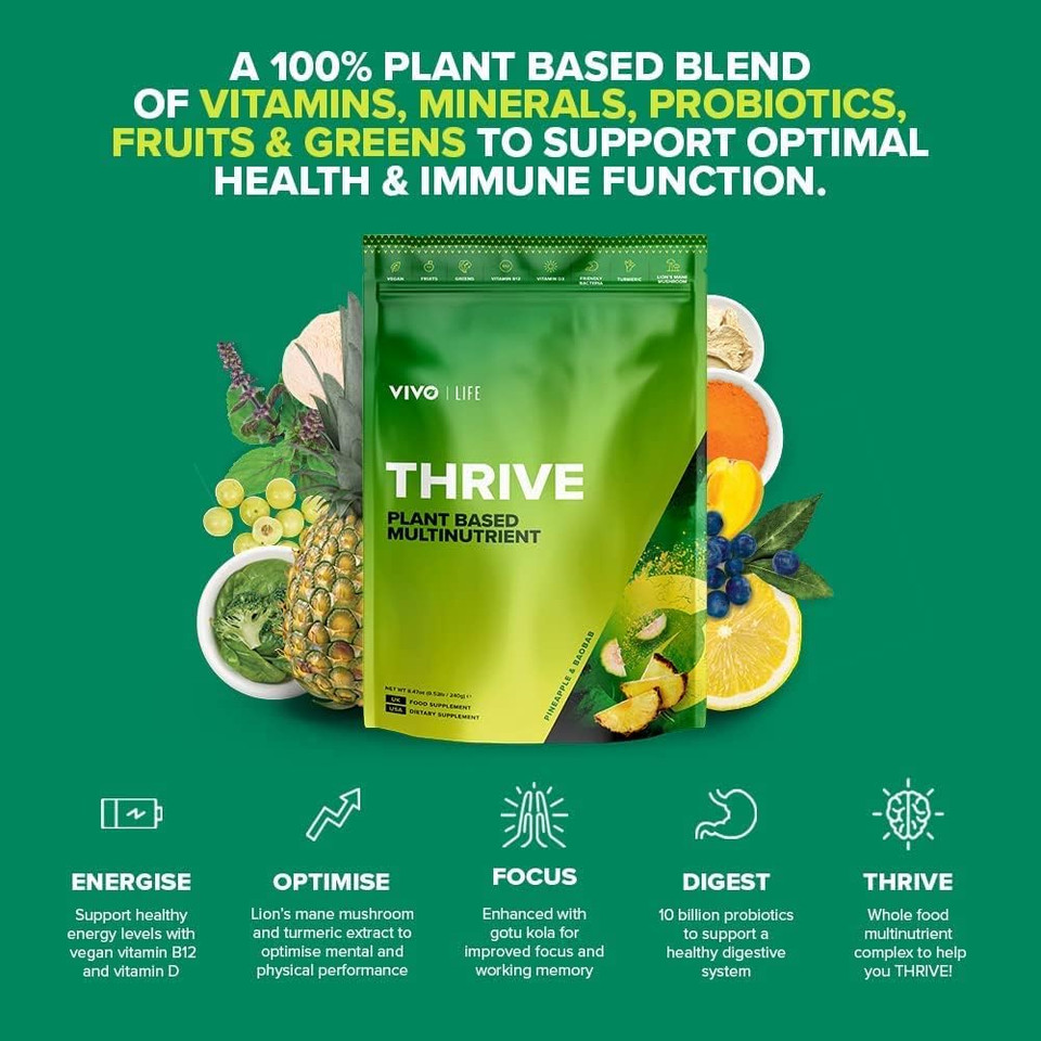 Vivo Life Thrive Vegan Superfood With Vitamins Minerals Fruits & Greens, Blueberry & Lucuma Flavour, 30 Servings - 8.46Oz