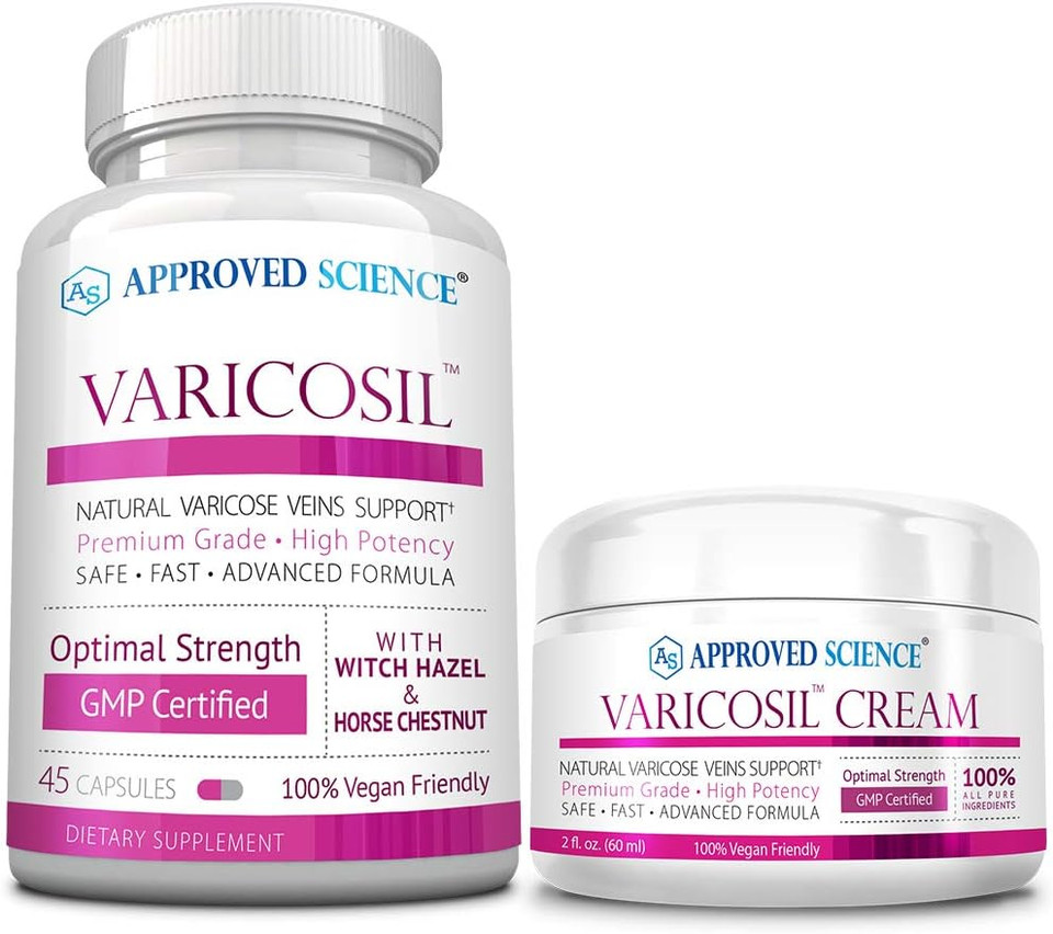 Approved Science Varicosil Capsules And Cream - 90 Capsules - 4 Fl Oz - Soothe Varicose Veins, Improve Circulation And Blood Flow, Tighten Stretched Veins, Lighten Appearance - All Natural, Vegan