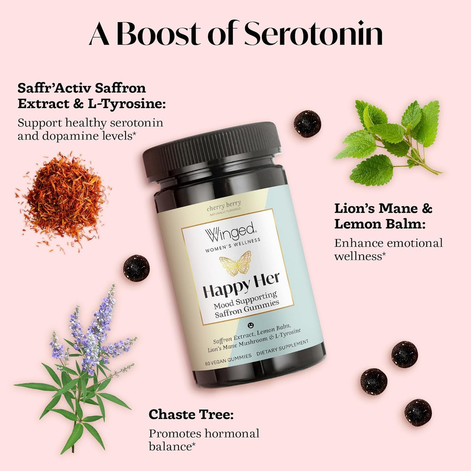 Winged Wellness Happy Her Mood Gummies - Daily Mood Enhancer Support Supplement For Women - Saffron, Lemon Balm, Vitamin D & Lions Mane Mushrooms For Balance & Calming Relief - 50 Vegan Gummies