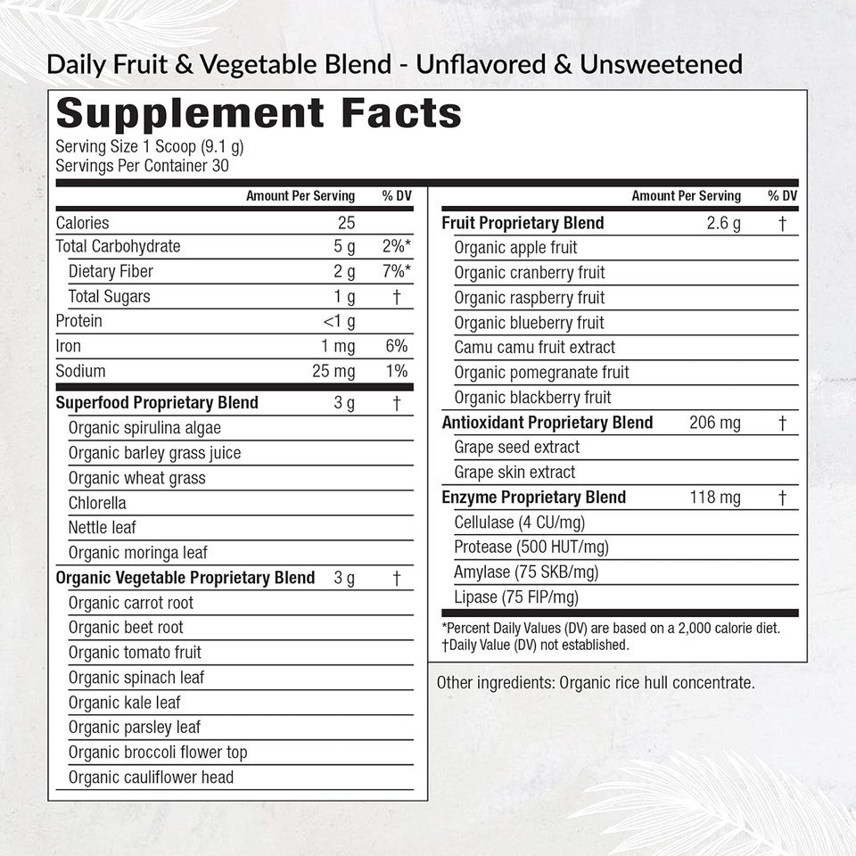 Equilife Daily Fruit & Vegetable Blend, Superfood Antioxidant Supplement With 22 Organic Fruits & Vegetables, Unflavored, Vitamin C, Fiber, 9 Essential Amino Acids, Supports Energy, 30 Servings Tub