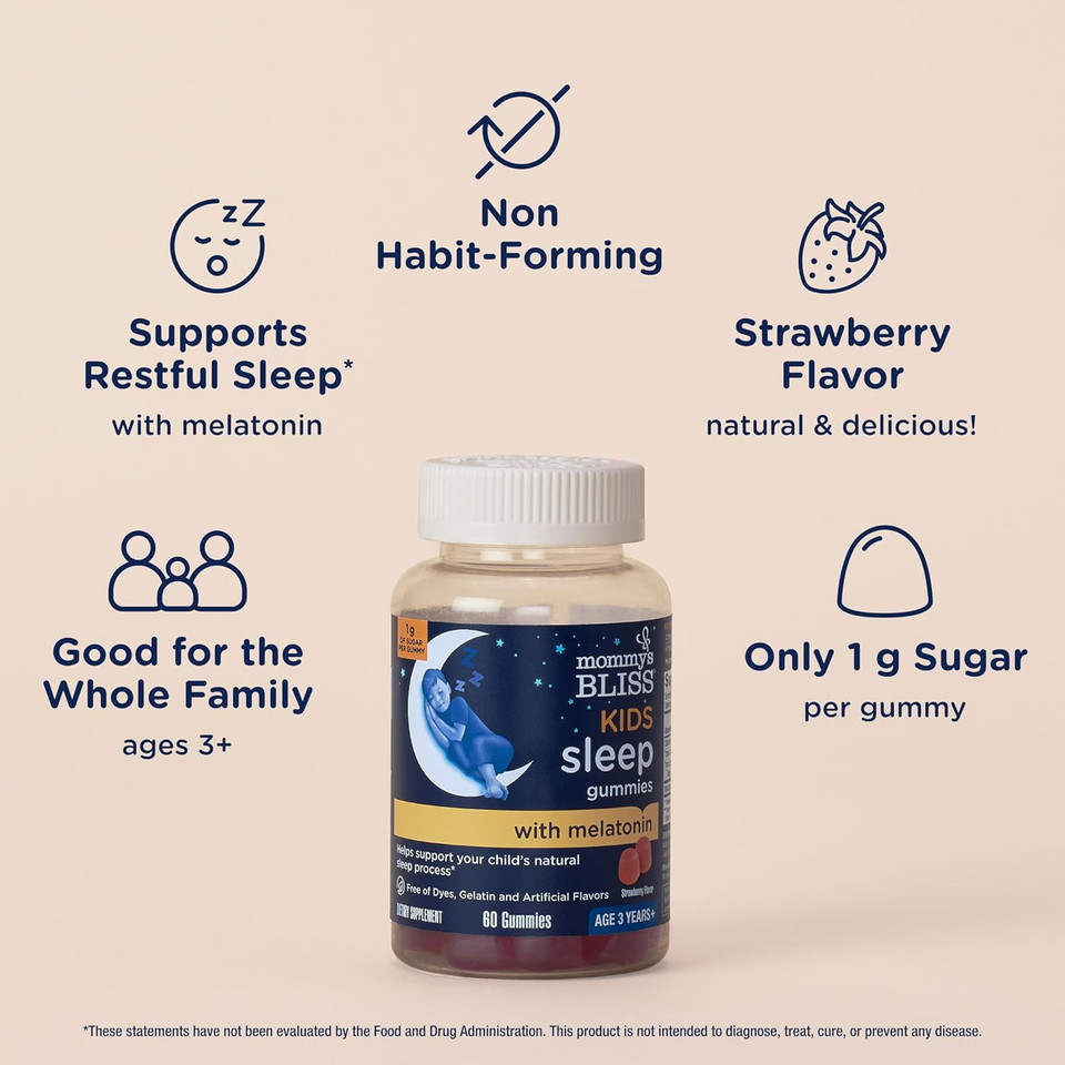 Mommy'S Bliss Kids Sleep Melatonin Gummies, Free Of Artificial Colors, Flavors, Or Gelatin, Strawberry Flavor, Age 3+ (60 Gummies)