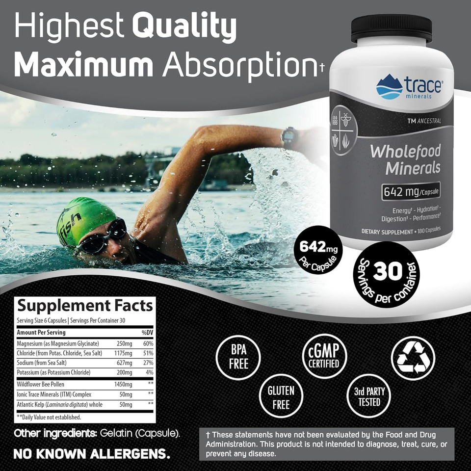 Trace Minerals Wholefood Minerals - Body & Brain Health Support Supplement - Food Health Supplement With Wildflower Bee Pollen & Atlantic Kelp - Aids Nerve Function & Digestive Health - 180 Capsules