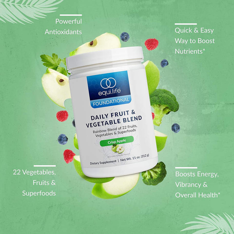 Equilife Daily Fruit & Vegetable Blend, Superfood Antioxidant Supplement, Crisp Apple Flavor With Vitamin C, Fiber, And 9 Essential Amino Acids, Supports Energy, Low Sugar, Vegan, 30 Servings Tub