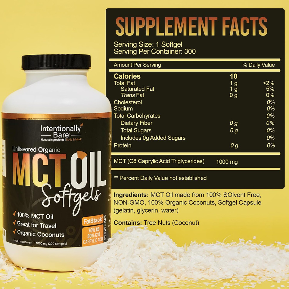 Intentionally Bare Organic Mct Oil Capsules - 70% C8 Mct Oil & 30% C10 Mct Capsules Unflavored For Keto Low Carb And Paleo Diet - Coconut C8 & C10 For Energy Mood & Focus - Non-Gmo 300 Soft Gels Intentionally Bare Organic Mct Oil Capsules - 70% C8 Mct Oil & 30% C10 Mct Capsules Unflavored For Keto Low Carb And Paleo Diet - Coconut C8 & C10 For Energy Mood & Focus - Non-Gmo 300 Soft Gels