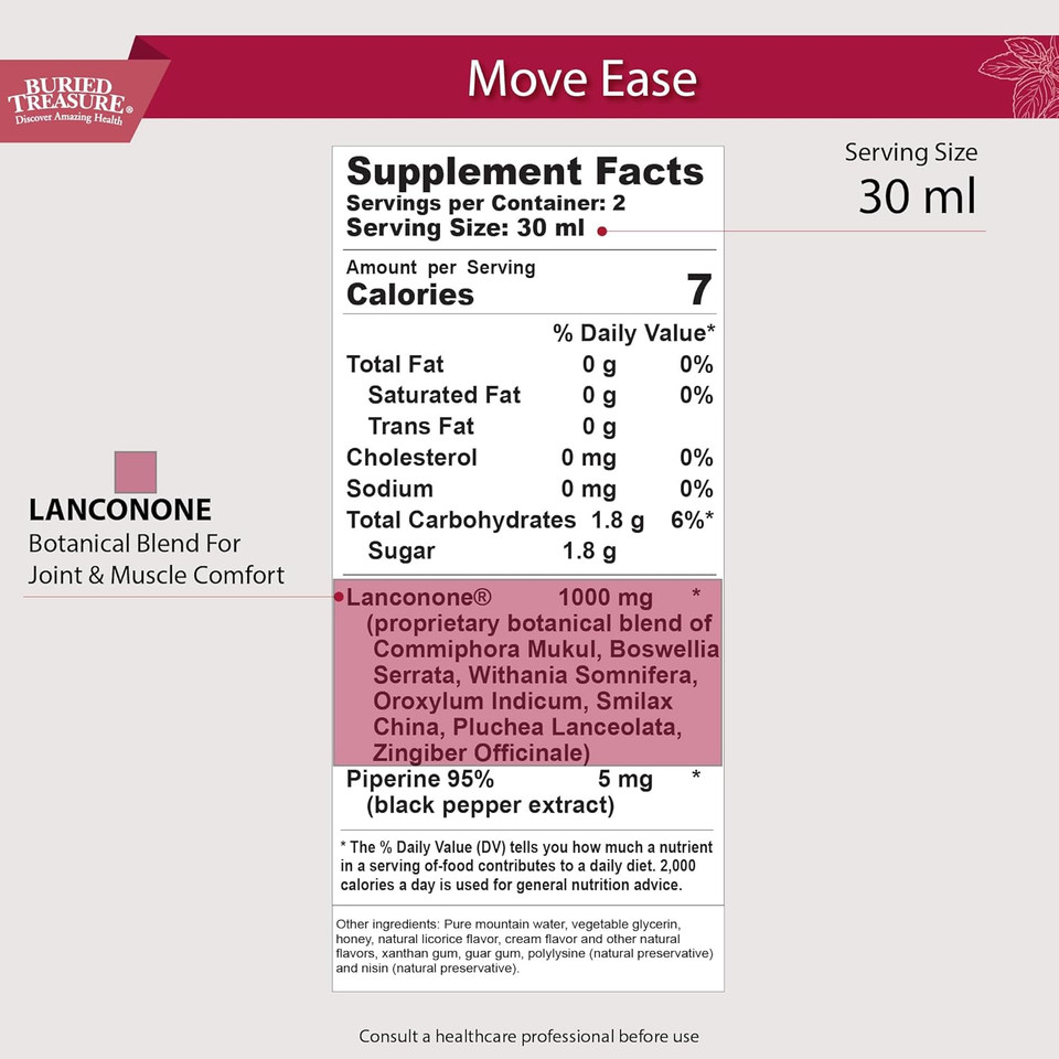 Buried Treasure Move Ease Joint Support - Lancone Formula - Supports Flexibility & Mobility - Eases Mild Discomfort - Supports Joint Health - 1 Oz Serving, 12 Servings Per Box