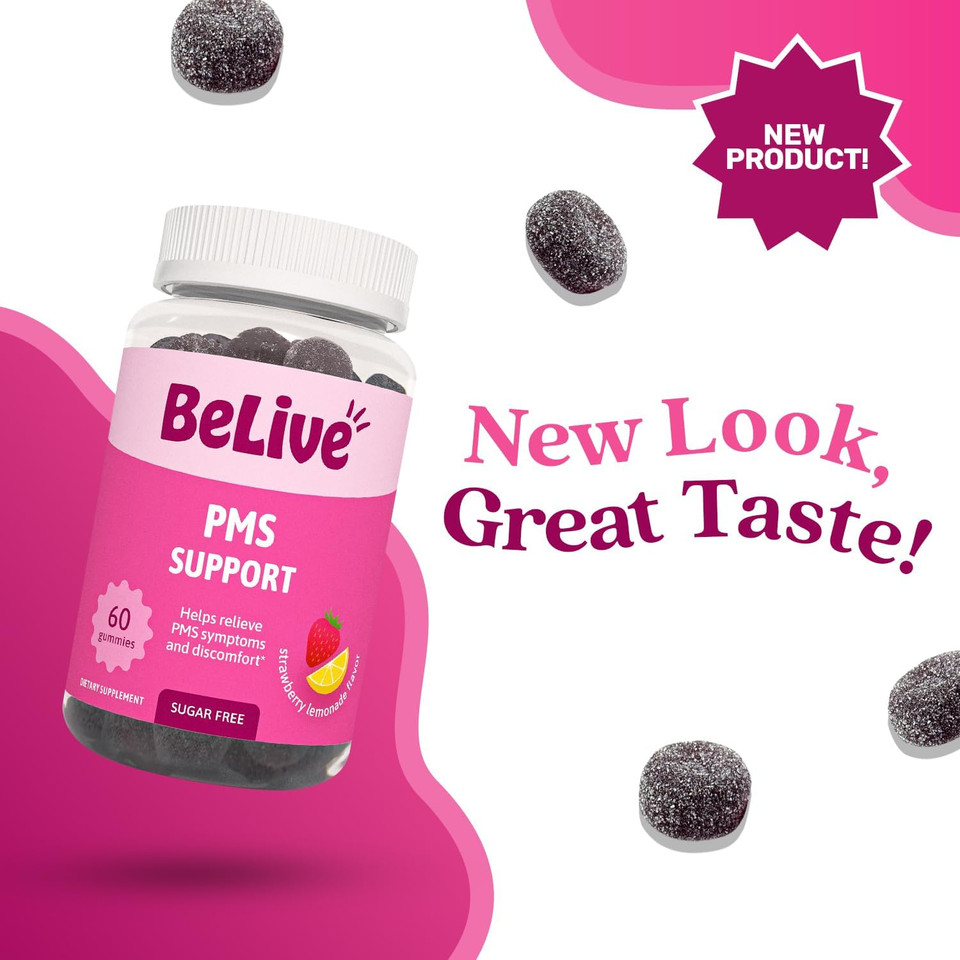 Belive Pms Support Gummies Supplement  Helps Relieve Pms Symptoms  Hormonal Balance Mood Swings & Cramps Relief, Bloating Support  With Chaste Tree Extract - Strawberry Limonade Flavor  60 Count