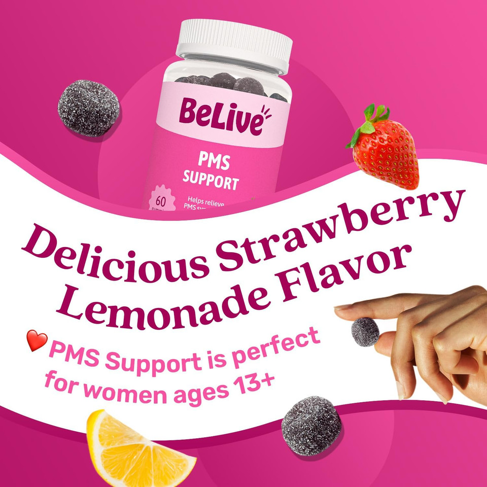 Belive Pms Support Gummies Supplement  Helps Relieve Pms Symptoms  Hormonal Balance Mood Swings & Cramps Relief, Bloating Support  With Chaste Tree Extract - Strawberry Limonade Flavor  60 Count