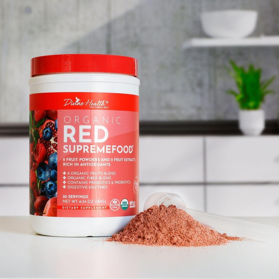 Divine Health Organic Red Supremefood® | 10 Organic Fruits + Probiotics, Enzymes, Herbs, Fiber & Antioxidants | Non-Gmo Berry Flavored Blend | (180G) (30 Day Supply) Divine Health Organic Red Supremefood® | 10 Organic Fruits + Probiotics, Enzymes, Herbs, Fiber & Antioxidants | Non-Gmo Berry Flavored Blend | (180G) (30 Day Supply)
