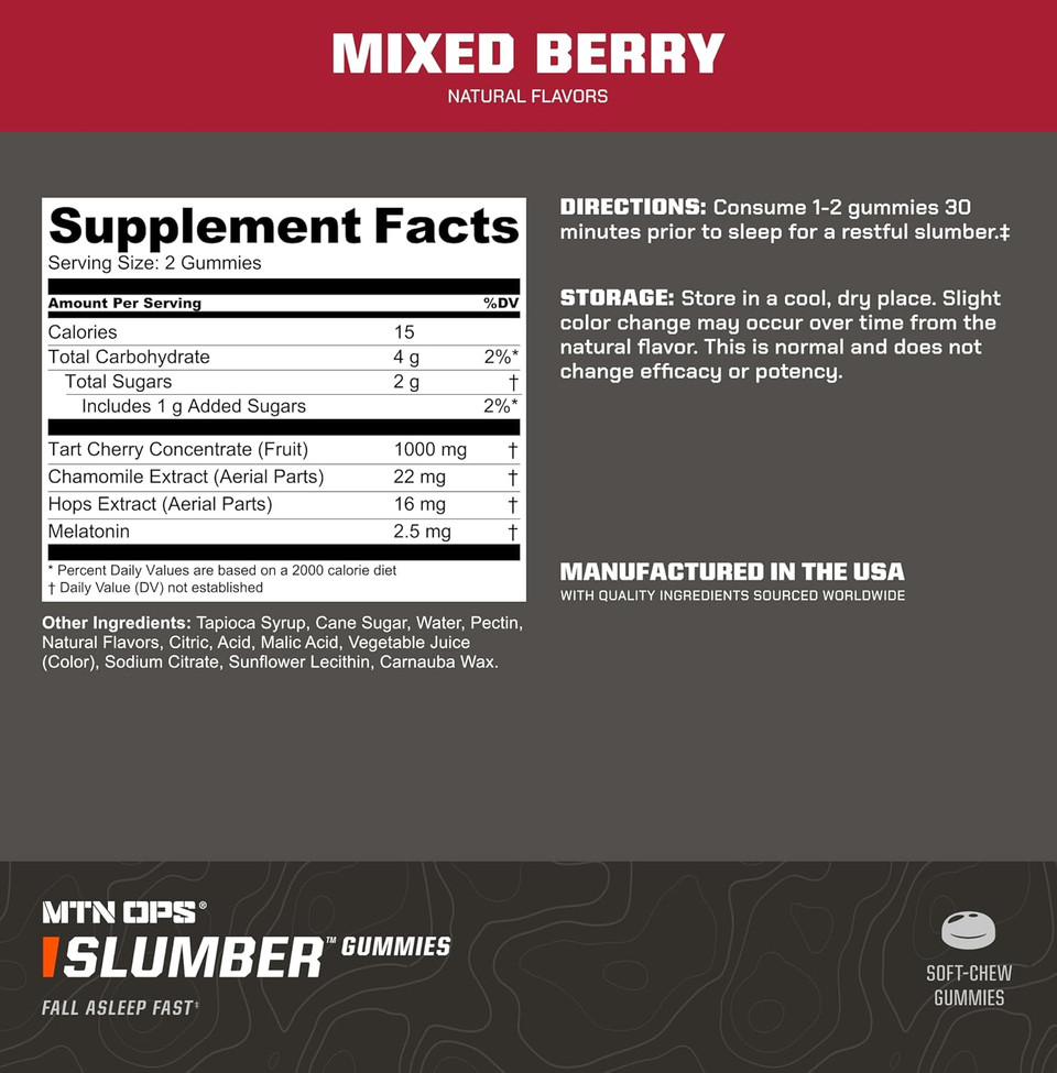 Mtn Ops Slumber Gummies Sleep Aid, 120 Melatonin Gummies With Chamomile & Tart Cherry, Mixed Berry Flavor & Naturally Gluten Free