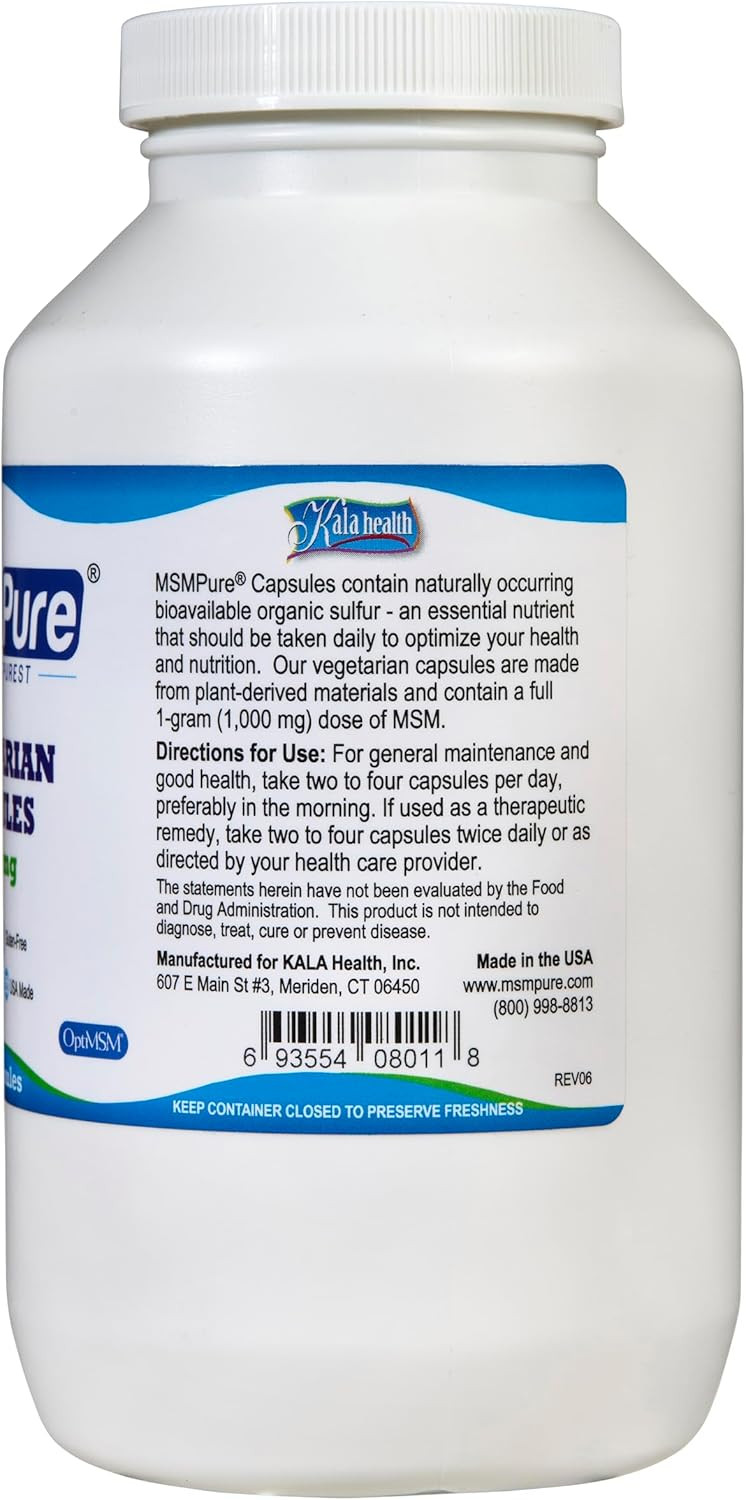 Kala Health Msmpure Msm Vegetarian Capsules  1,000 Mg Us-Made Msm Per Capsule For Joint Health, Skin Appearance, Hair & Nail Support  250 Count, Organic Sulfur