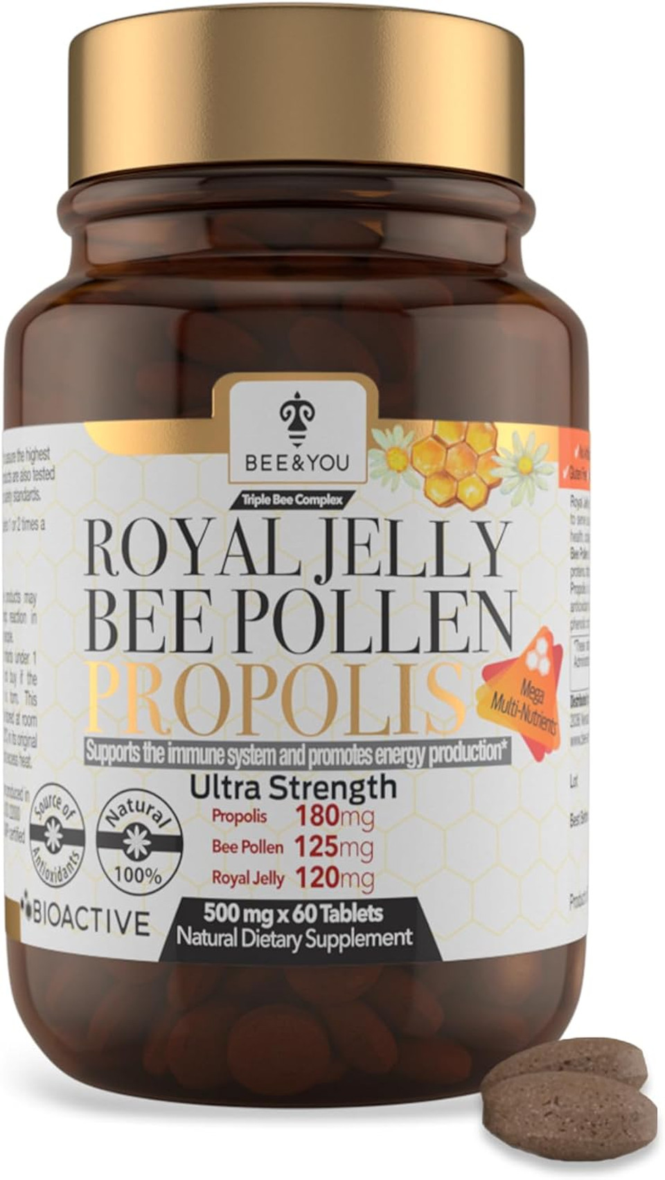 Bee And You Royal Jelly + Propolis + Bee Pollen Chewable Tablets - High Potency - No Artificial Flavor/Preservatives - No Added Sugar- No Soy/Milk/Gelatin/Gmo/Gluten, 500 Mg X 60 Tablets