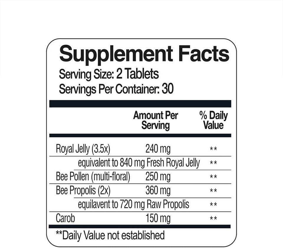 Bee And You Royal Jelly + Propolis + Bee Pollen Chewable Tablets - High Potency - No Artificial Flavor/Preservatives - No Added Sugar- No Soy/Milk/Gelatin/Gmo/Gluten, 500 Mg X 60 Tablets