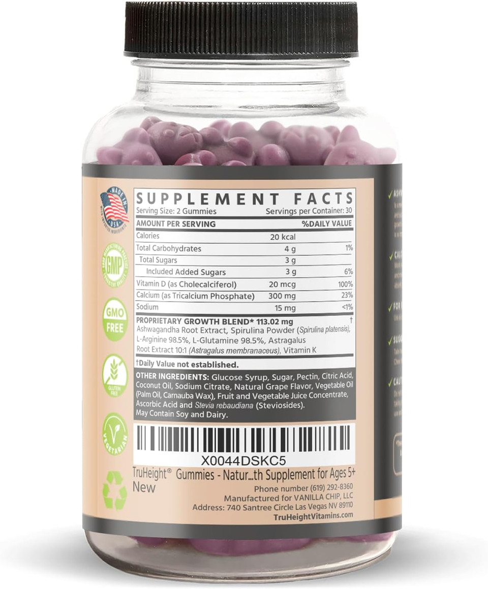Truheight Growth Gummies (Grape) Natural Growth & Development Supplement For Kids & Teens - Vitamin D, K, Calcium & Ashwaganda - Bone Strength Vitamins - Picky Eater Vitamin For Kids - Ages 5+