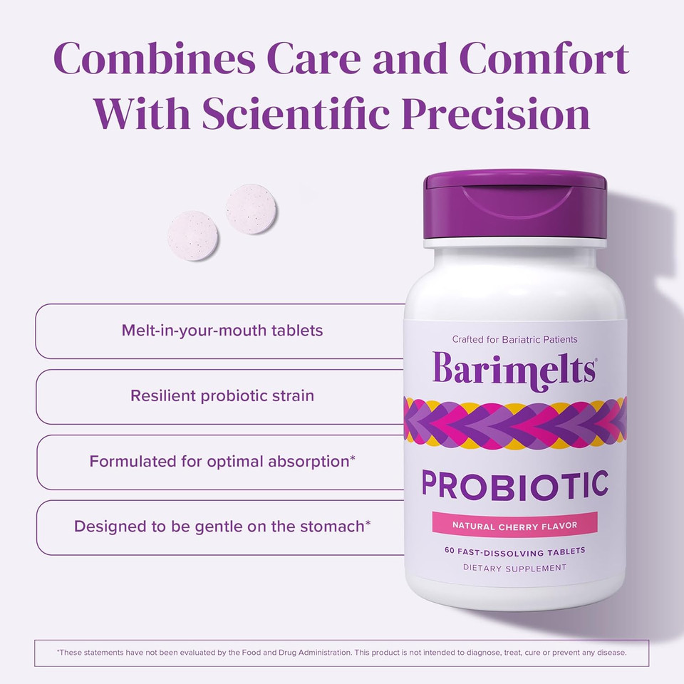Barimelts Probiotic, 5 Billion Cfu, 60 Fast-Dissolving Tablets (2-Month Supply), Sugar-Free Probiotics For Women, Support Gut Health After Bariatric Surgery, Natural Cherry Flavor?