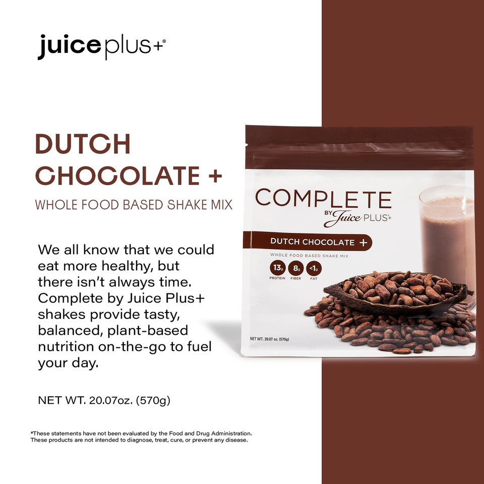Complete By Juiceplus+ Dutch Chocolate Shakes - Plant-Based Nutrition - Whole Food Based Shake Powder With Protein, Fiber & Prebiotics - 30 Servings (2 Pouches, 15 Servings Each)