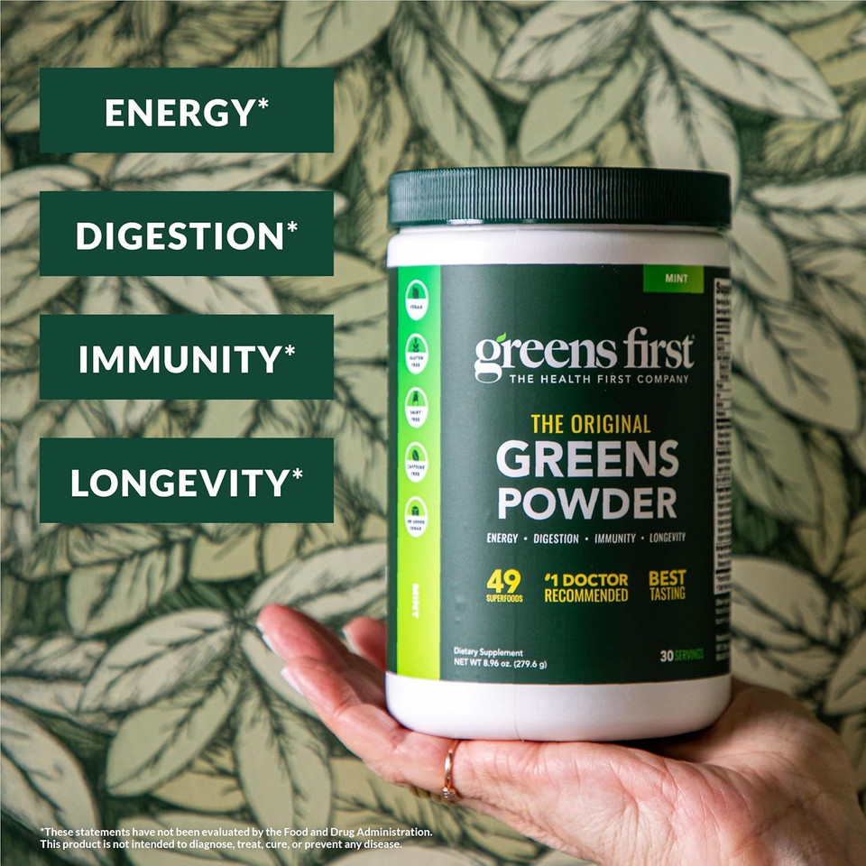 Greens First Original Greens Powder - 49 Superfoods - Organic Fruits & Veggies - Prebiotics, Probiotics & Digestive Enzymes - Antioxidant Smoothie - Dairy Free, Vegan & Non-Gmo (Mint, 60 Servings)