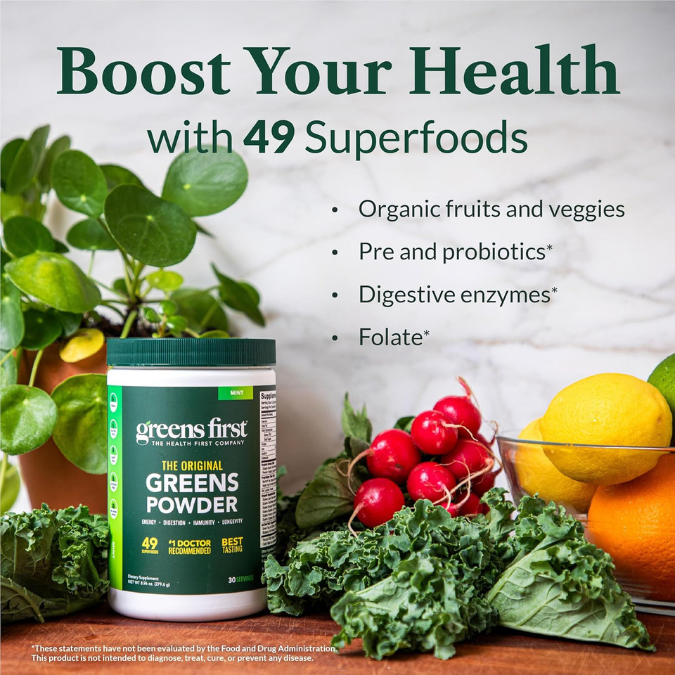 Greens First Original Greens Powder - 49 Superfoods - Organic Fruits & Veggies - Prebiotics, Probiotics & Digestive Enzymes - Antioxidant Smoothie - Dairy Free, Vegan & Non-Gmo (Mint, 60 Servings)