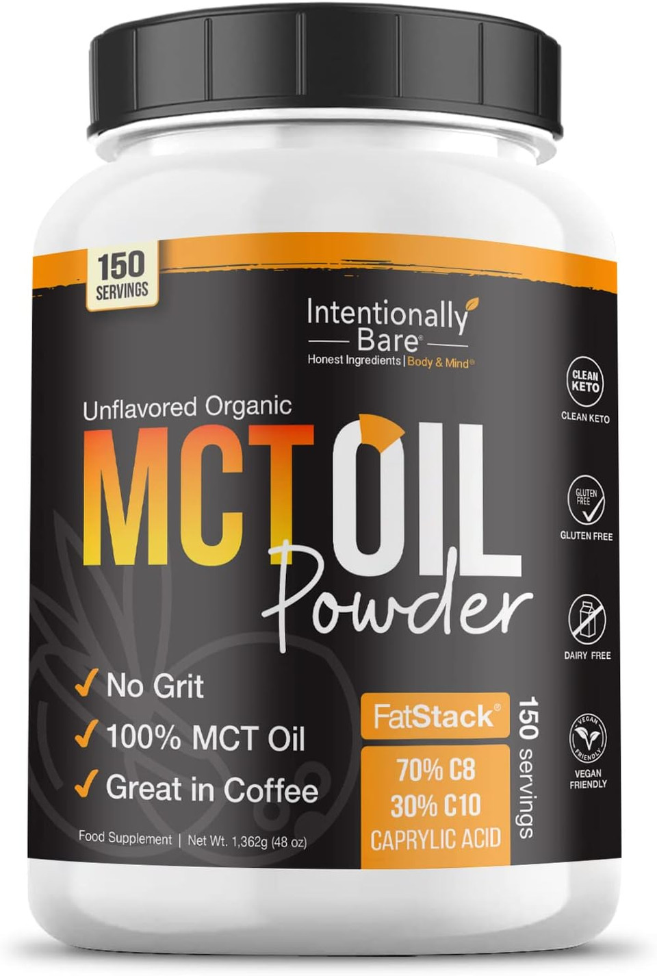 Intentionally Bare Organic Mct Oil Powder - Zero Net Carbs & No Grit Mct Powder For Body & Brain - Vegan Mct Creamer For Coffee, Tea, Shakes, Smoothies & Baking With 70% C8 & 30% C10 - Unflavored Intentionally Bare Organic Mct Oil Powder - Zero Net Carbs & No Grit Mct Powder For Body & Brain - Vegan Mct Creamer For Coffee, Tea, Shakes, Smoothies & Baking With 70% C8 & 30% C10 - Unflavored