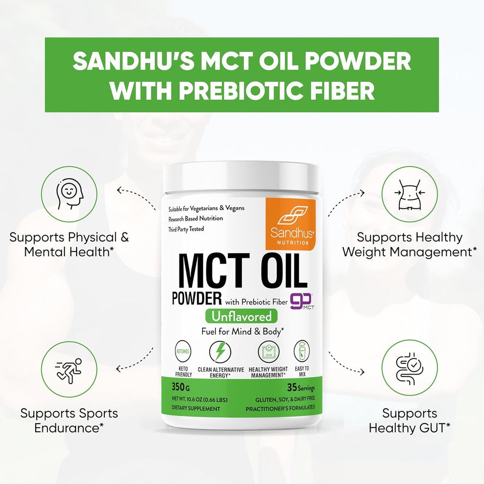 Sandhu'S Mct Oil Powder With Prebiotic Fiber | 35 Servings | Organic - Keto | Fatty Acid Fuel For Body & Brain | 100% Coconut Oil Derived, Easy To Mix, 10.6 Oz