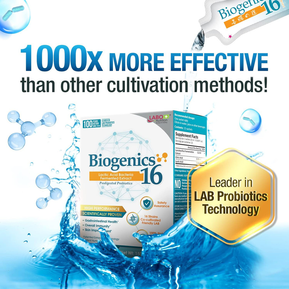 Labo Nutrition Biogenics 16Lactic Acid Bacteria Fermented Extract 1000X More Effective, Gut Health Support Beyond Probiotics & Prebiotics, Improve Intestinal Skin And Immune Health,10Mlx15 Sachetsx3